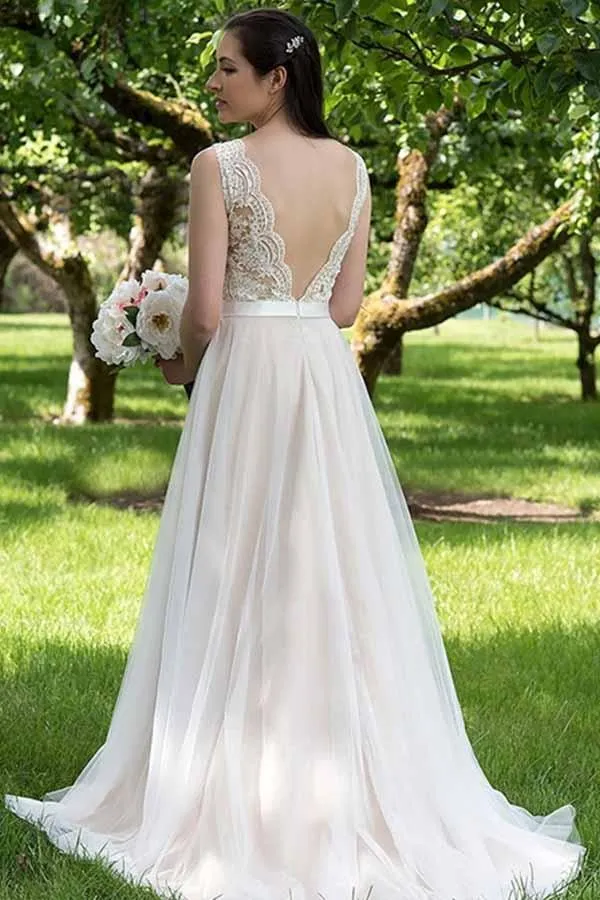 A-line V-neck Lace Top Tulle Skirt Beach Wedding Dresses, Wedding Gown, MW743
