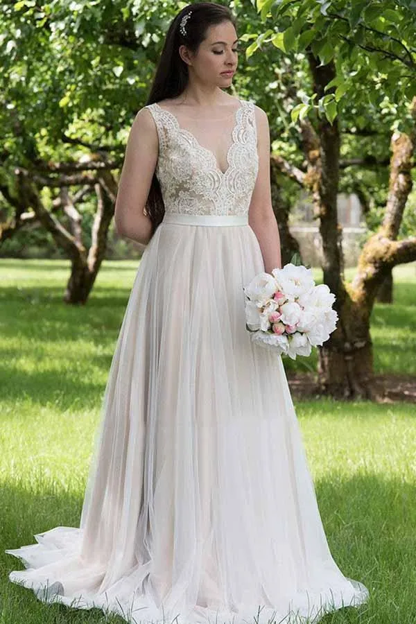A-line V-neck Lace Top Tulle Skirt Beach Wedding Dresses, Wedding Gown, MW743