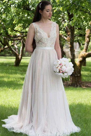 A-line V-neck Lace Top Tulle Skirt Beach Wedding Dresses, Wedding Gown, MW743