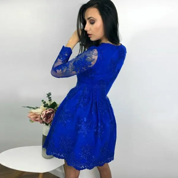 A-Line V-Neck Long Sleeves Royal Blue Homecoming Dress with Lace,BD0063