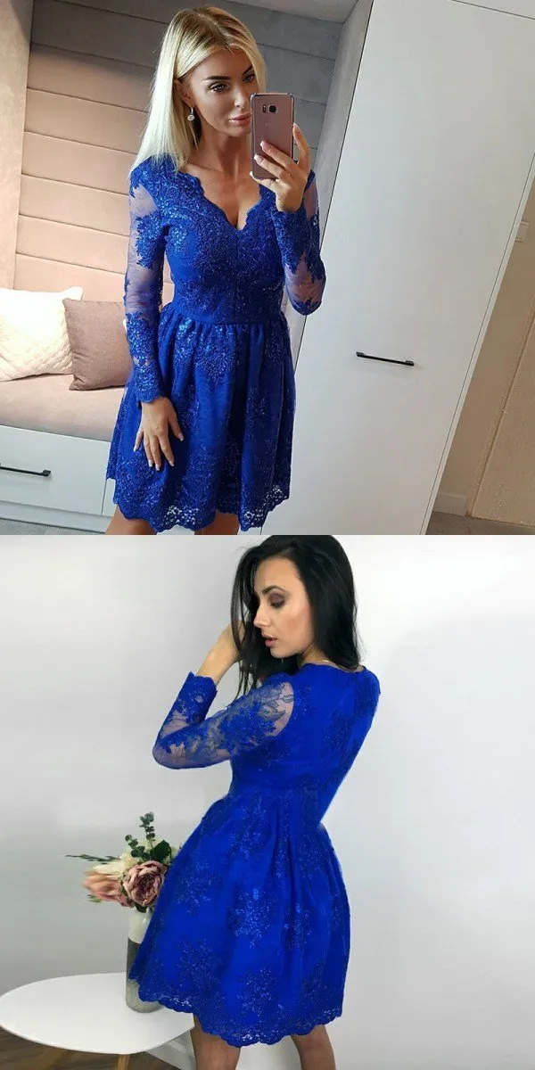 A-Line V-Neck Long Sleeves Royal Blue Homecoming Dress with Lace,BD0063