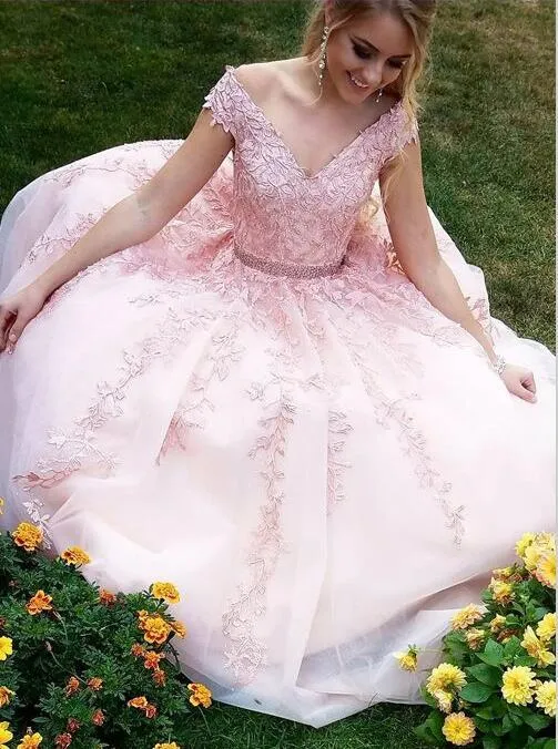 A Line V Neck Pink Lace Prom Dress, Pink Lace Formal Dress, Graduation Dress, Pink Evening Dress