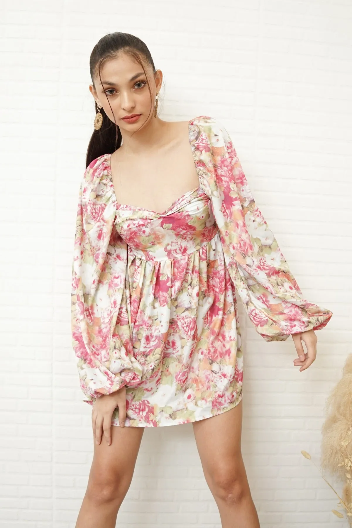 ARIELLA Puff-Sleeve Open-Back Floral Mini Dress