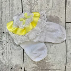Baby Girl Frilly Socks with lace and satin yellow bow