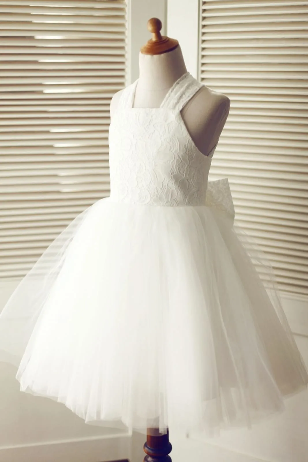 Backless Ivory Lace Tulle Wedding Flower Girl Dress, Big Bow