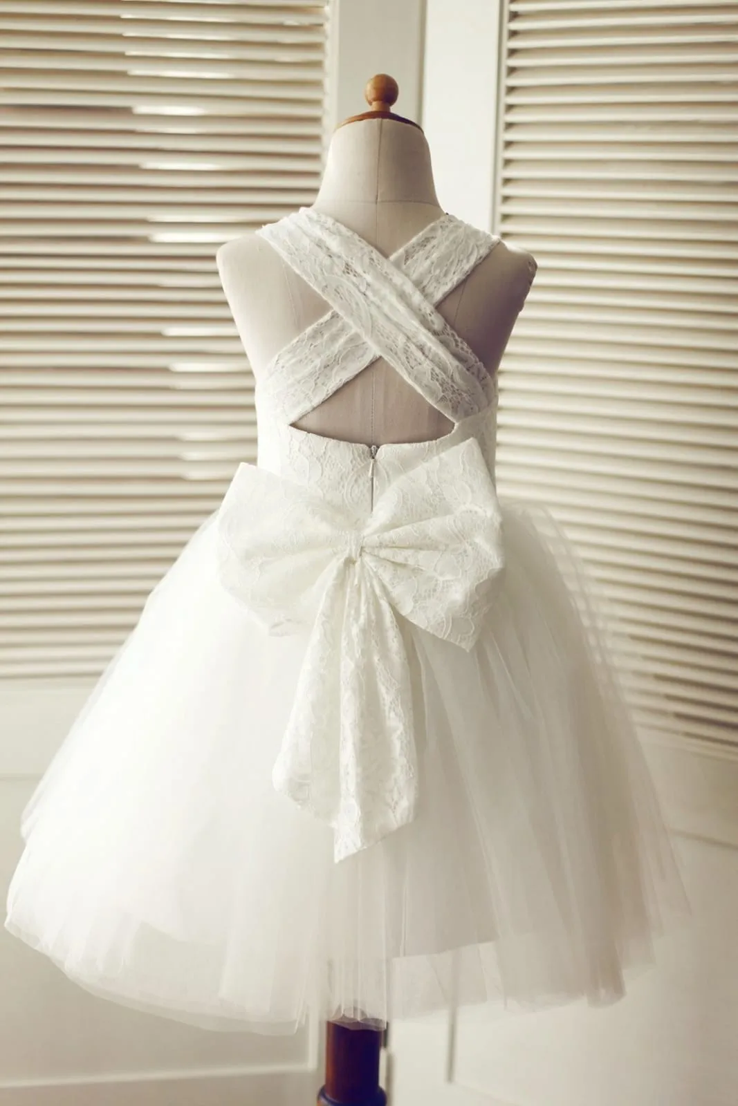 Backless Ivory Lace Tulle Wedding Flower Girl Dress, Big Bow