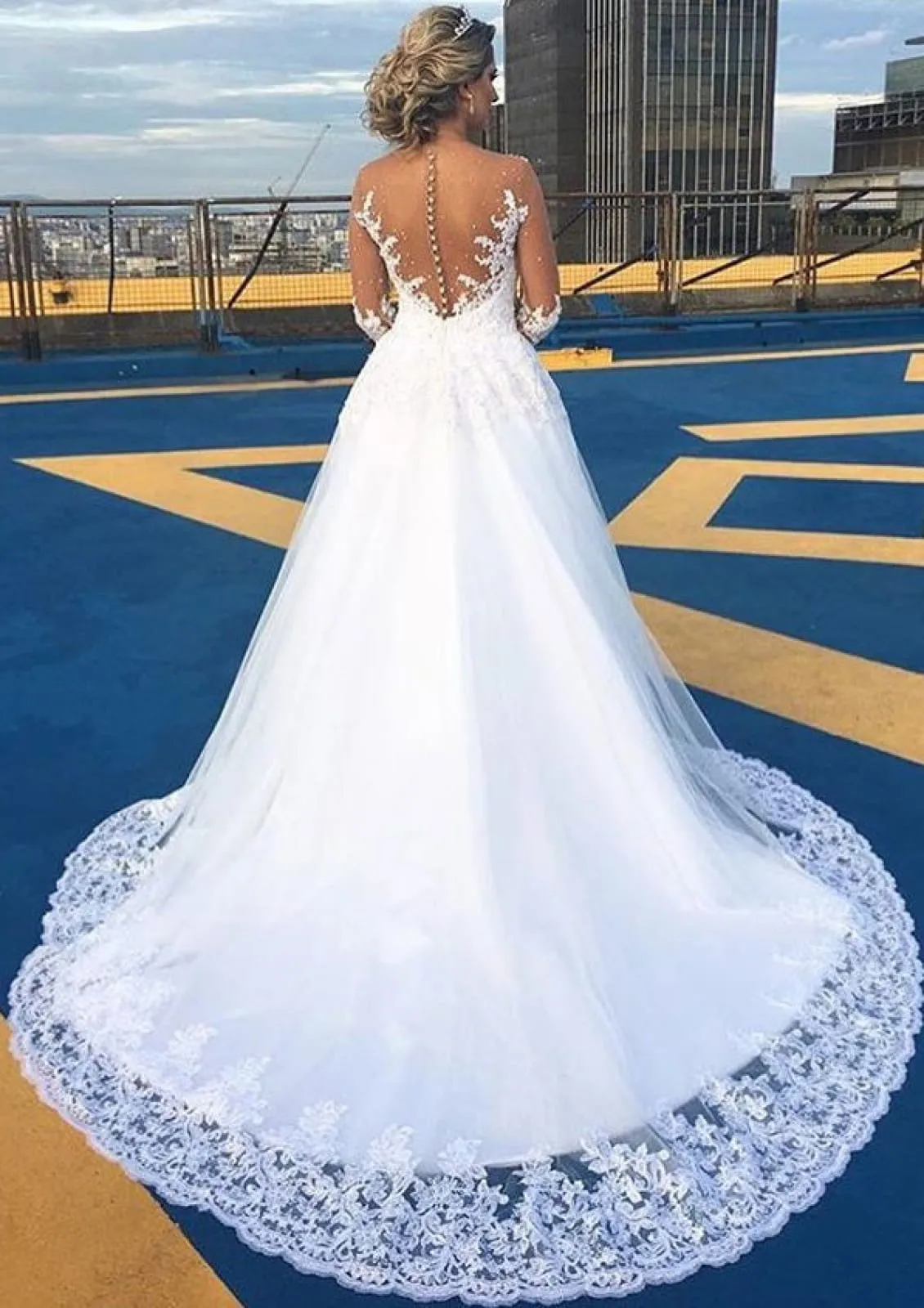 Ball Gown Covered Button Illusion Back Chapel Tulle Wedding Dress, Beaded