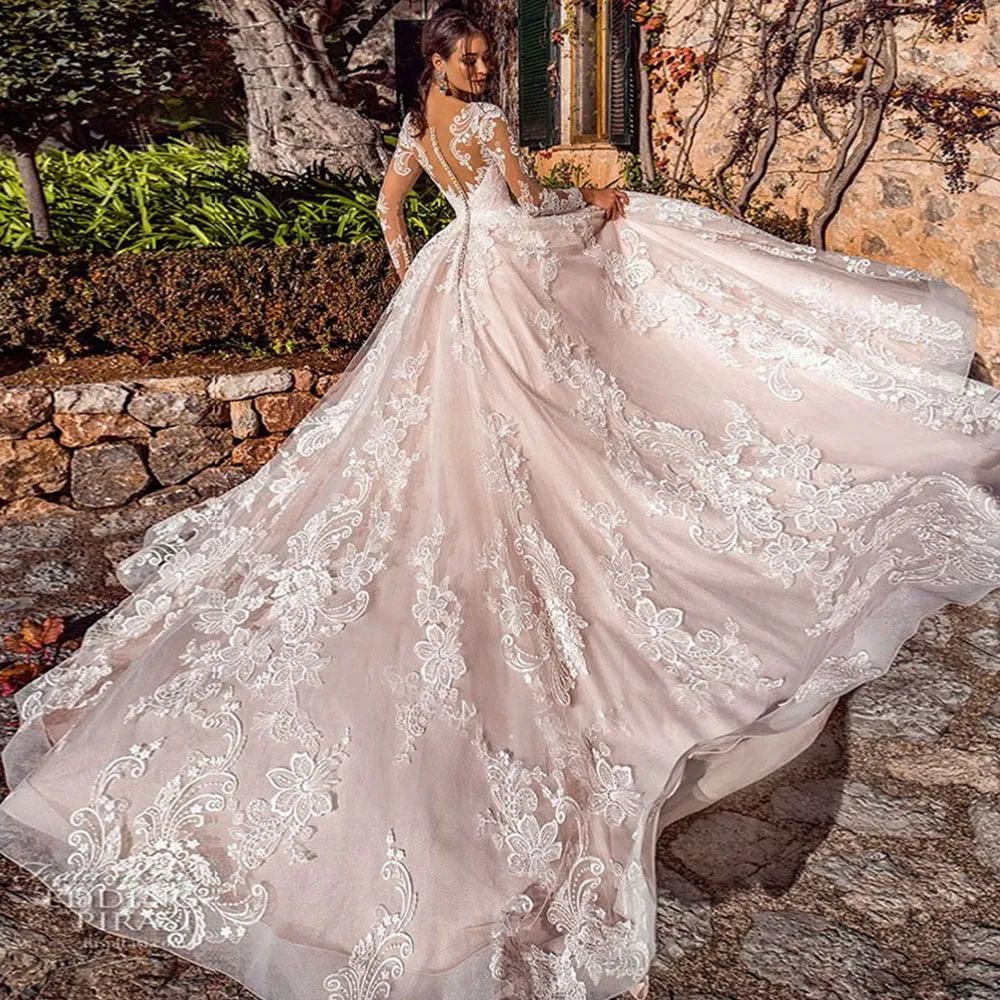 Ball Gown Long Sleeves Wedding Dress For Bride Buttons Illusion