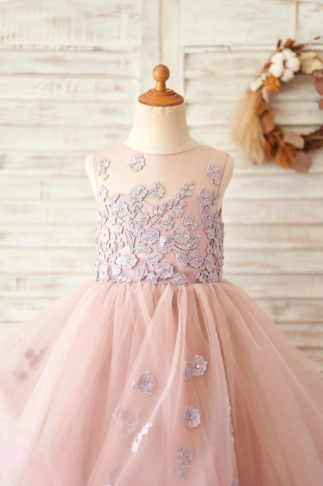 Ball Gown Mauve Lace Tulle Floor Length Wedding Flower Girl Dress