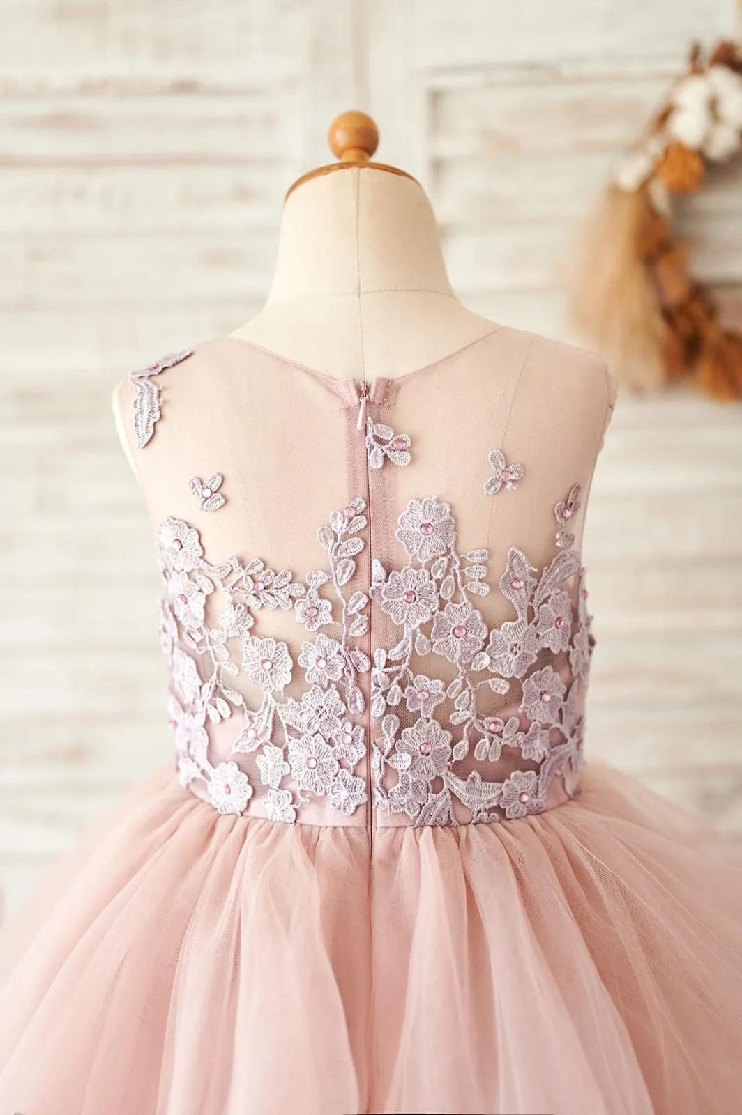 Ball Gown Mauve Lace Tulle Floor Length Wedding Flower Girl Dress
