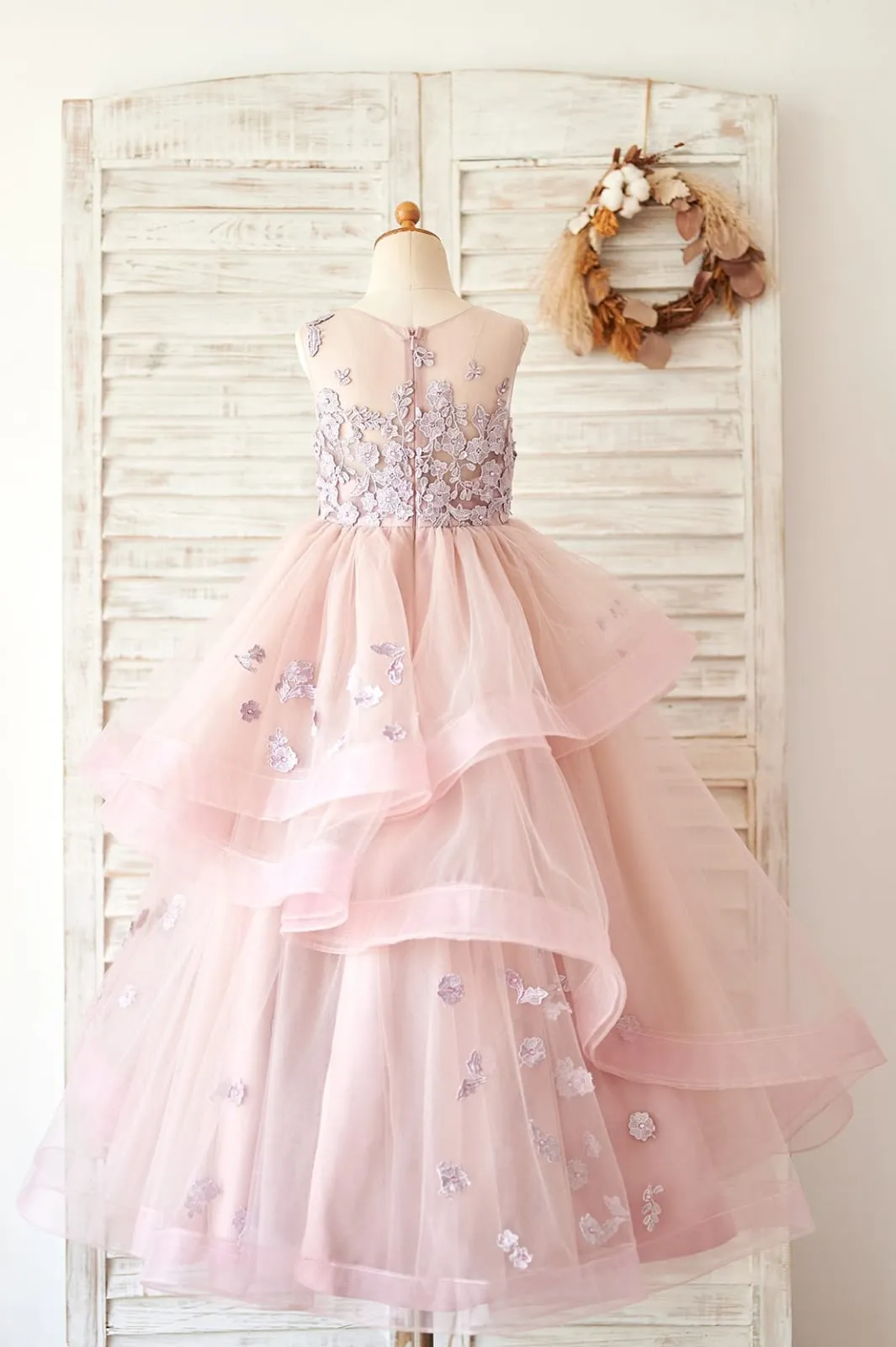 Ball Gown Mauve Lace Tulle Floor Length Wedding Flower Girl Dress