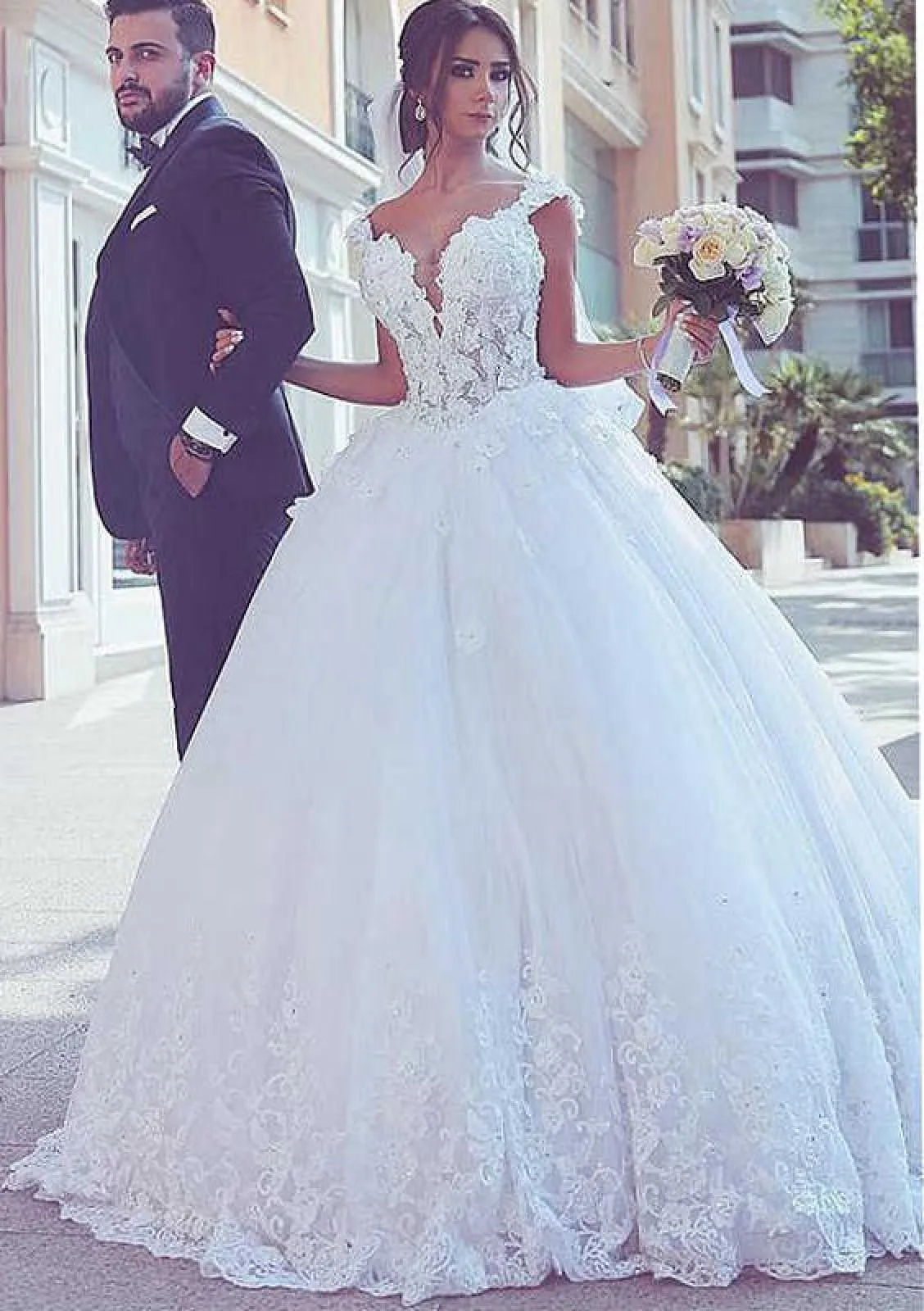 Ball Gown Plunging Chapel Train Lace Tulle Wedding Dress