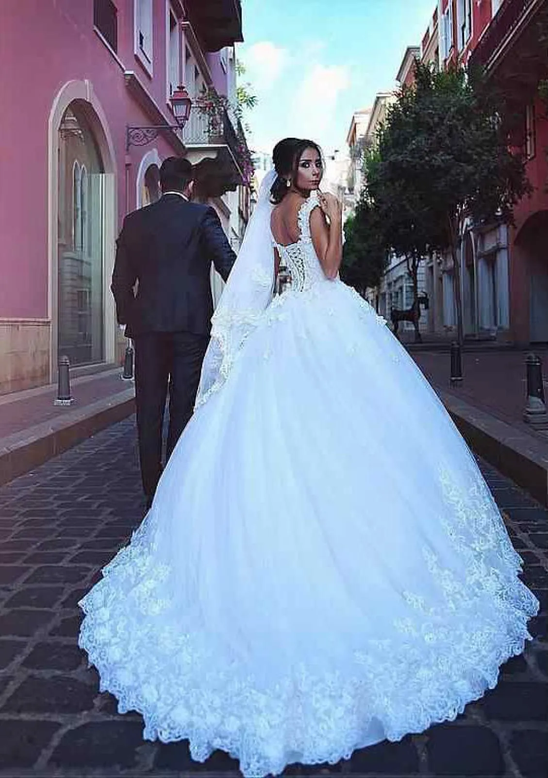 Ball Gown Plunging Chapel Train Lace Tulle Wedding Dress