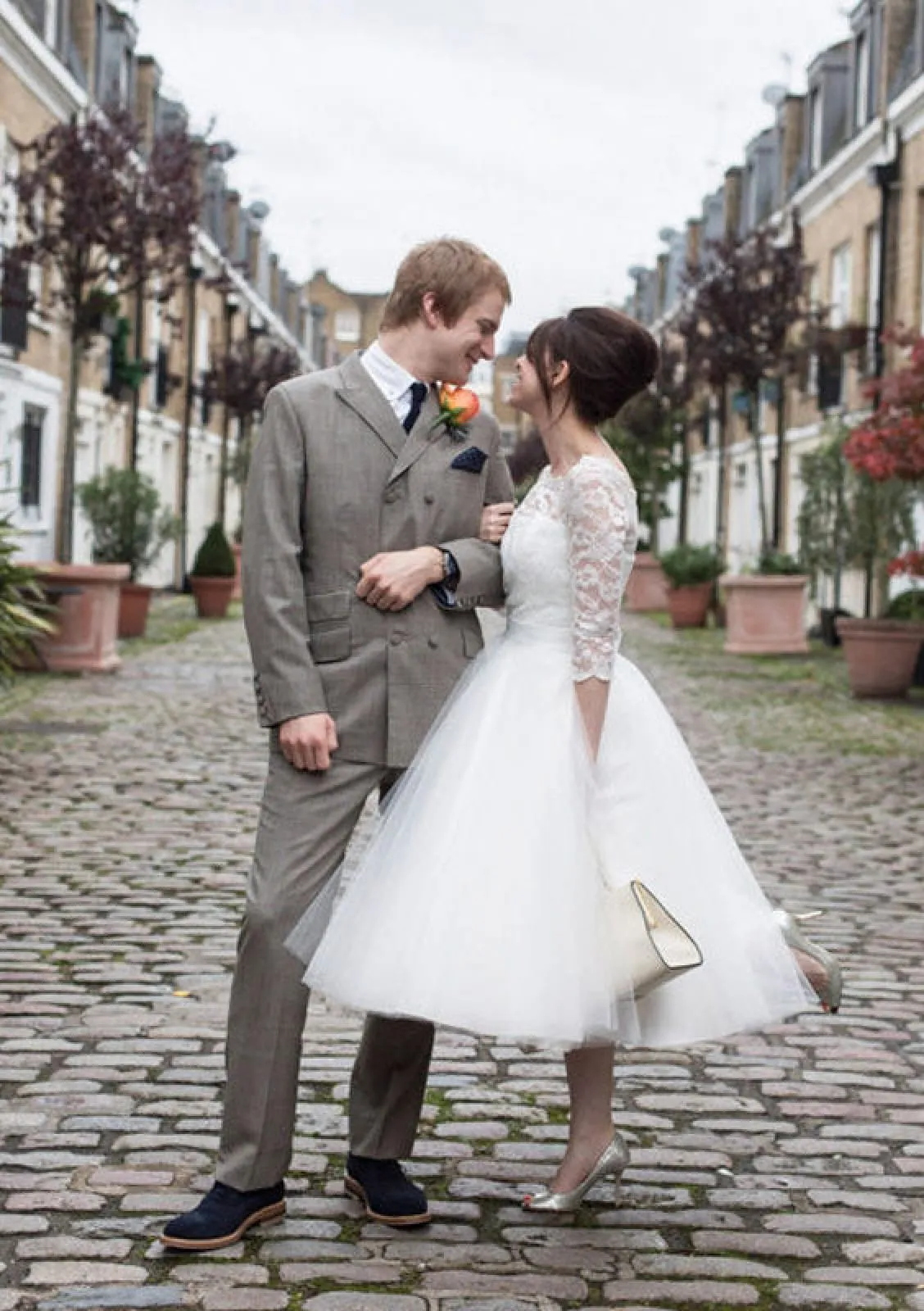 Bateau 3/4 Sleeve Lace Tulle Ball Gown Tea Length Wedding Dress