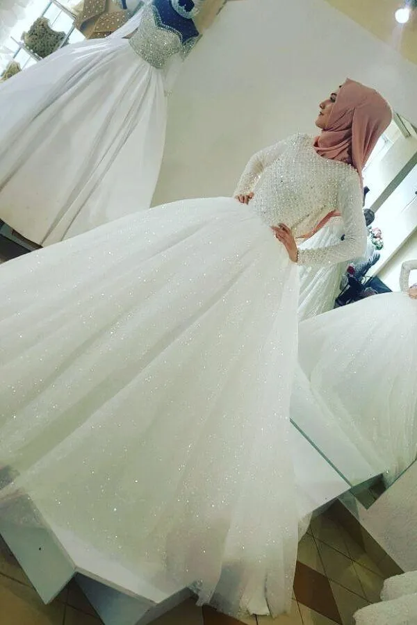 Beaded Bodice Muslim Wedding Dress with Sequin Tulle Skirt