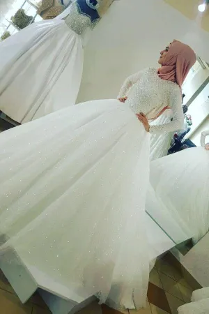 Beaded Bodice Muslim Wedding Dress with Sequin Tulle Skirt