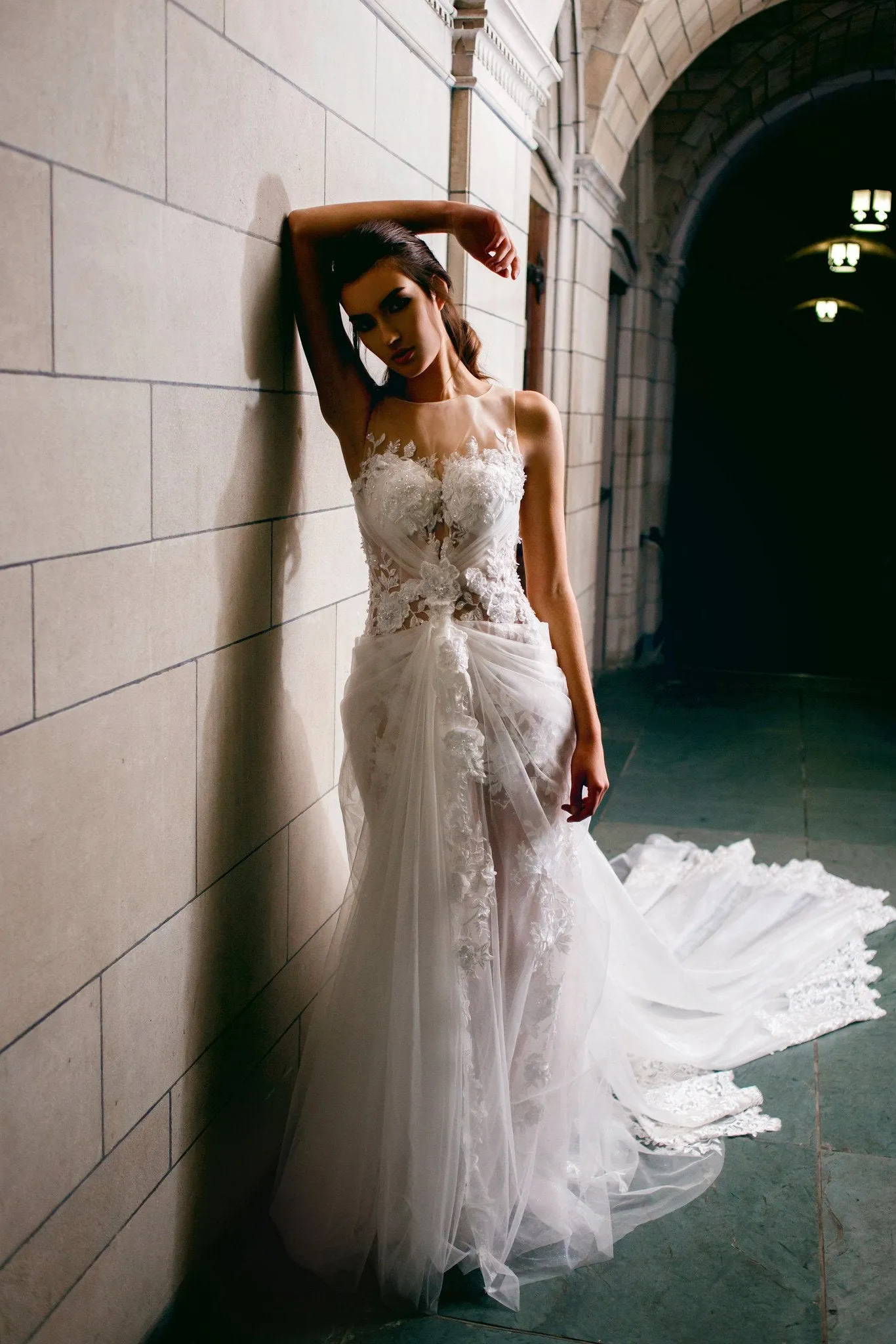 Beaded Floral Lace Wedding Gown with Sheer Tulle Skirt