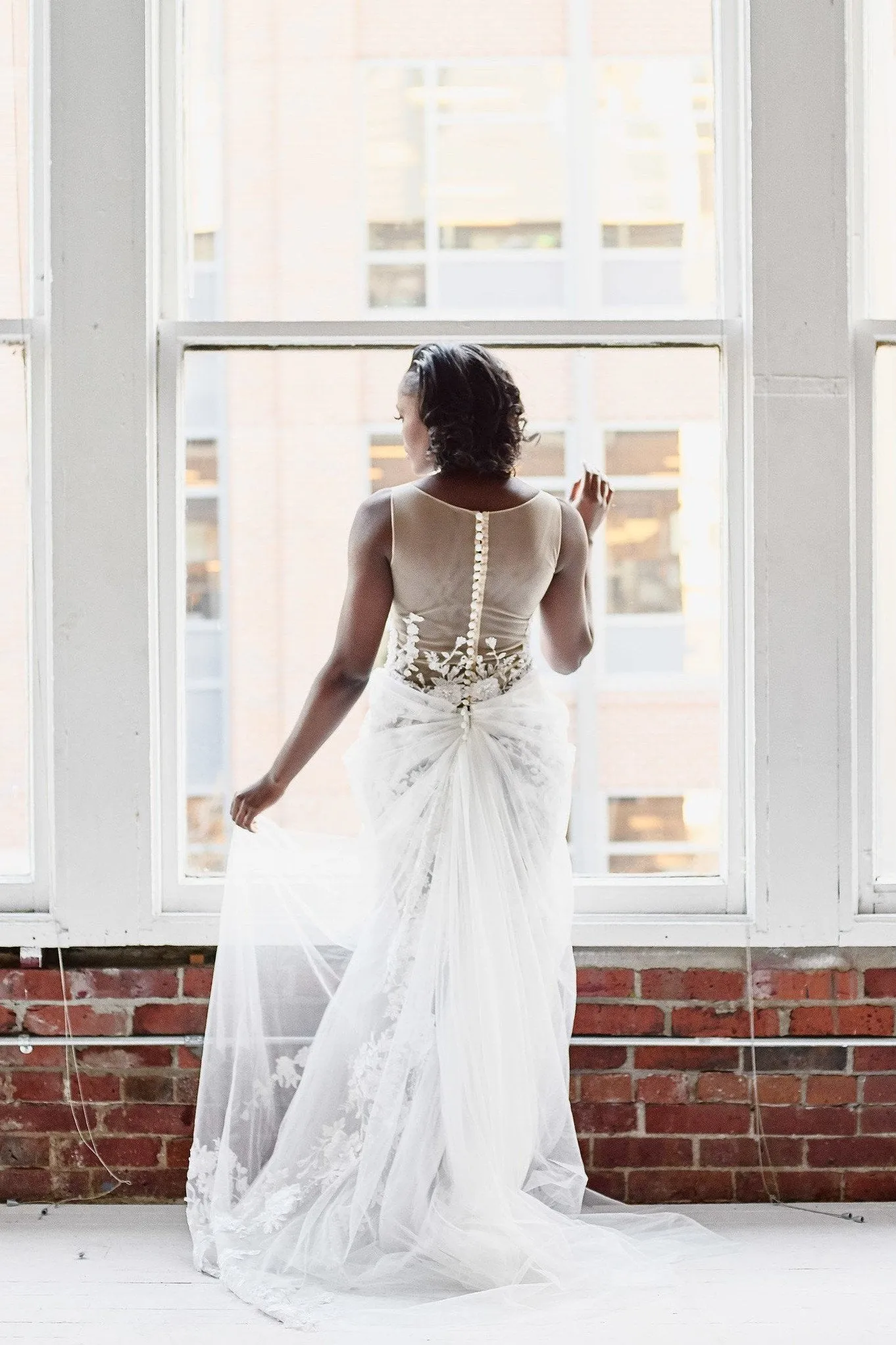 Beaded Floral Lace Wedding Gown with Sheer Tulle Skirt