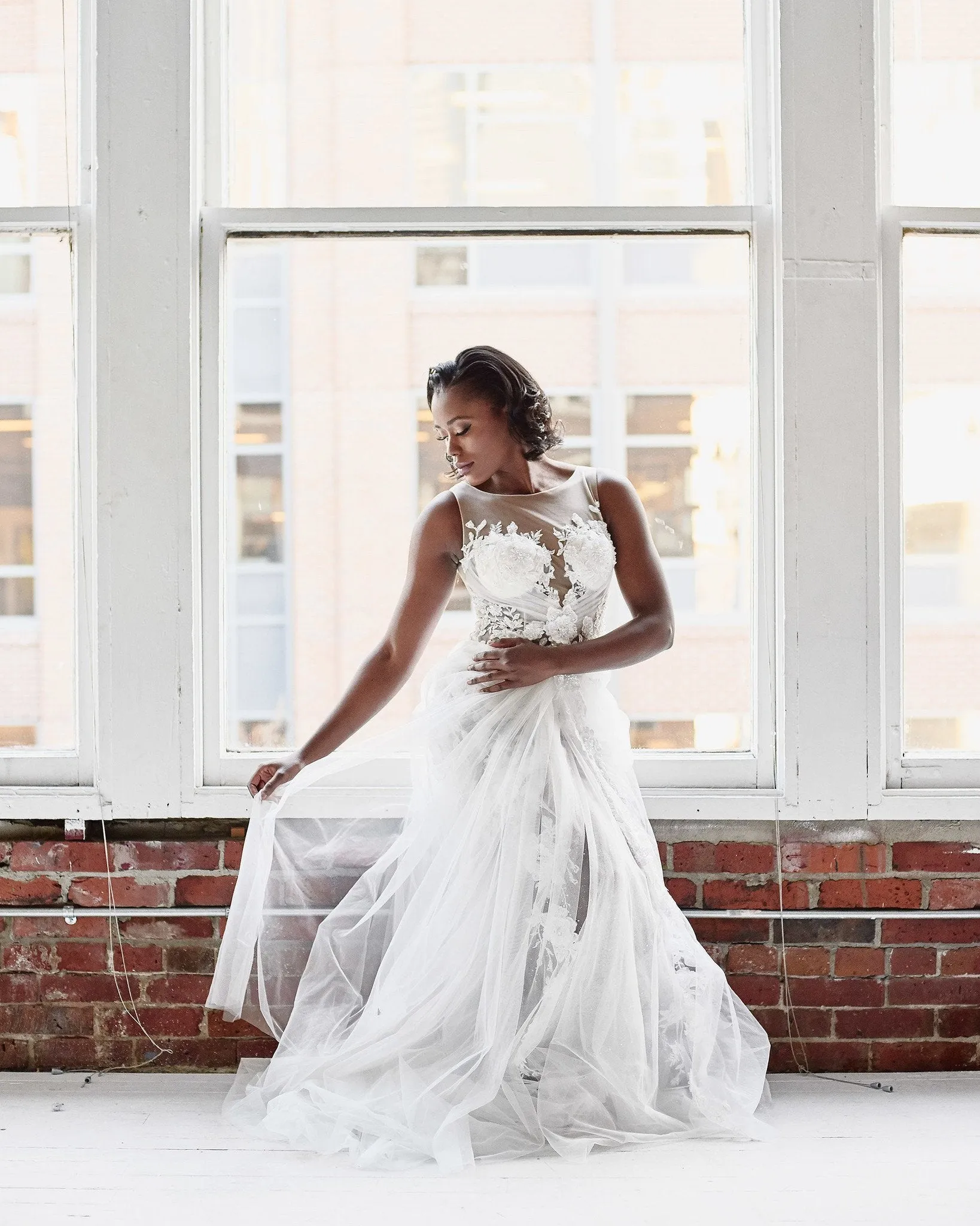 Beaded Floral Lace Wedding Gown with Sheer Tulle Skirt
