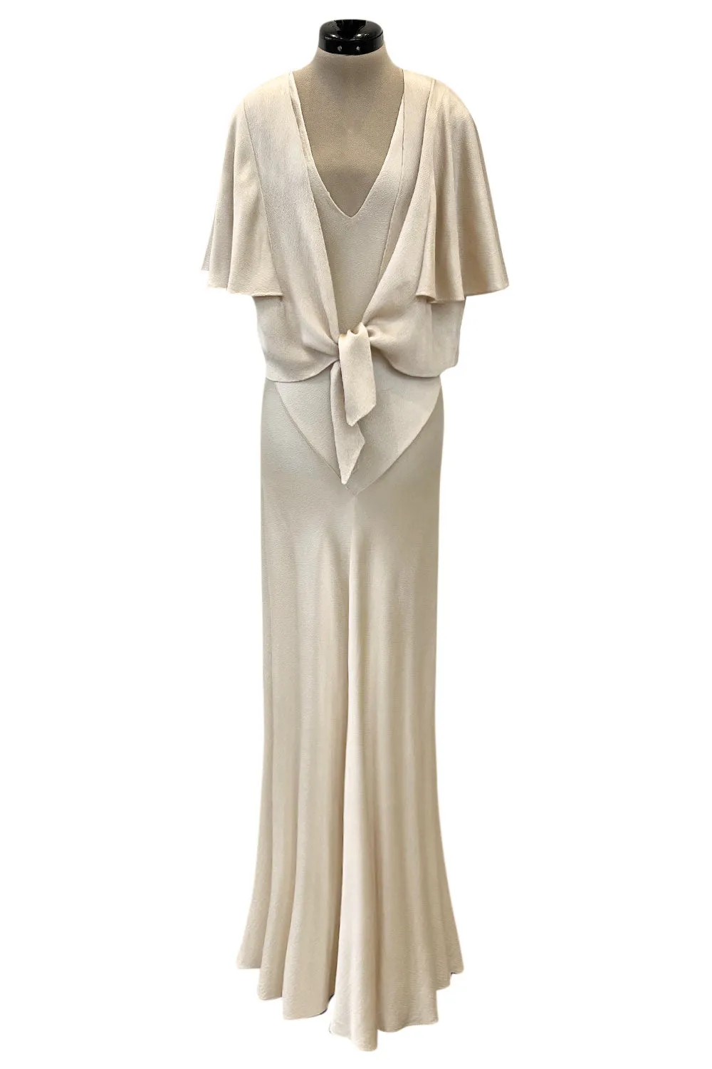 Beautiful 1930s Ivory Hammered Silk Satin Bias Cut Dress w Original Jacket & Belt