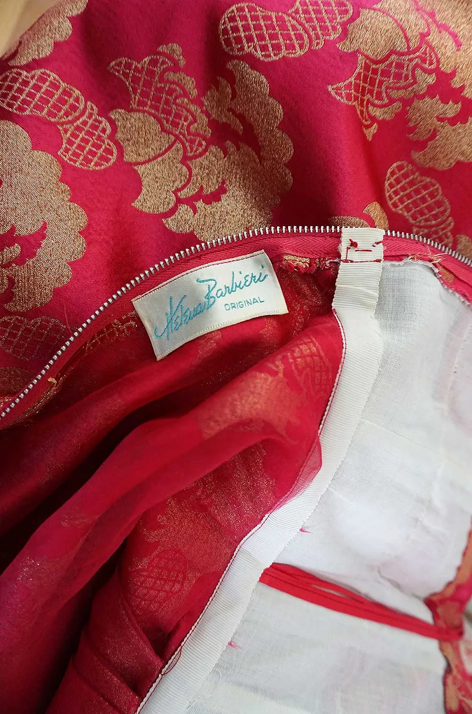 Beautiful 1950s Helena Barbieri Strapless Pink & Gold Silk Brocade Dress