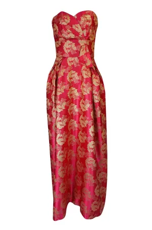 Beautiful 1950s Helena Barbieri Strapless Pink & Gold Silk Brocade Dress