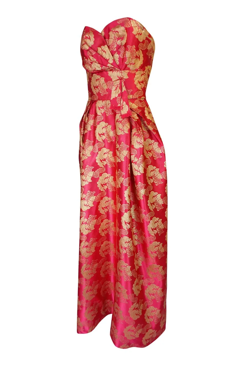 Beautiful 1950s Helena Barbieri Strapless Pink & Gold Silk Brocade Dress