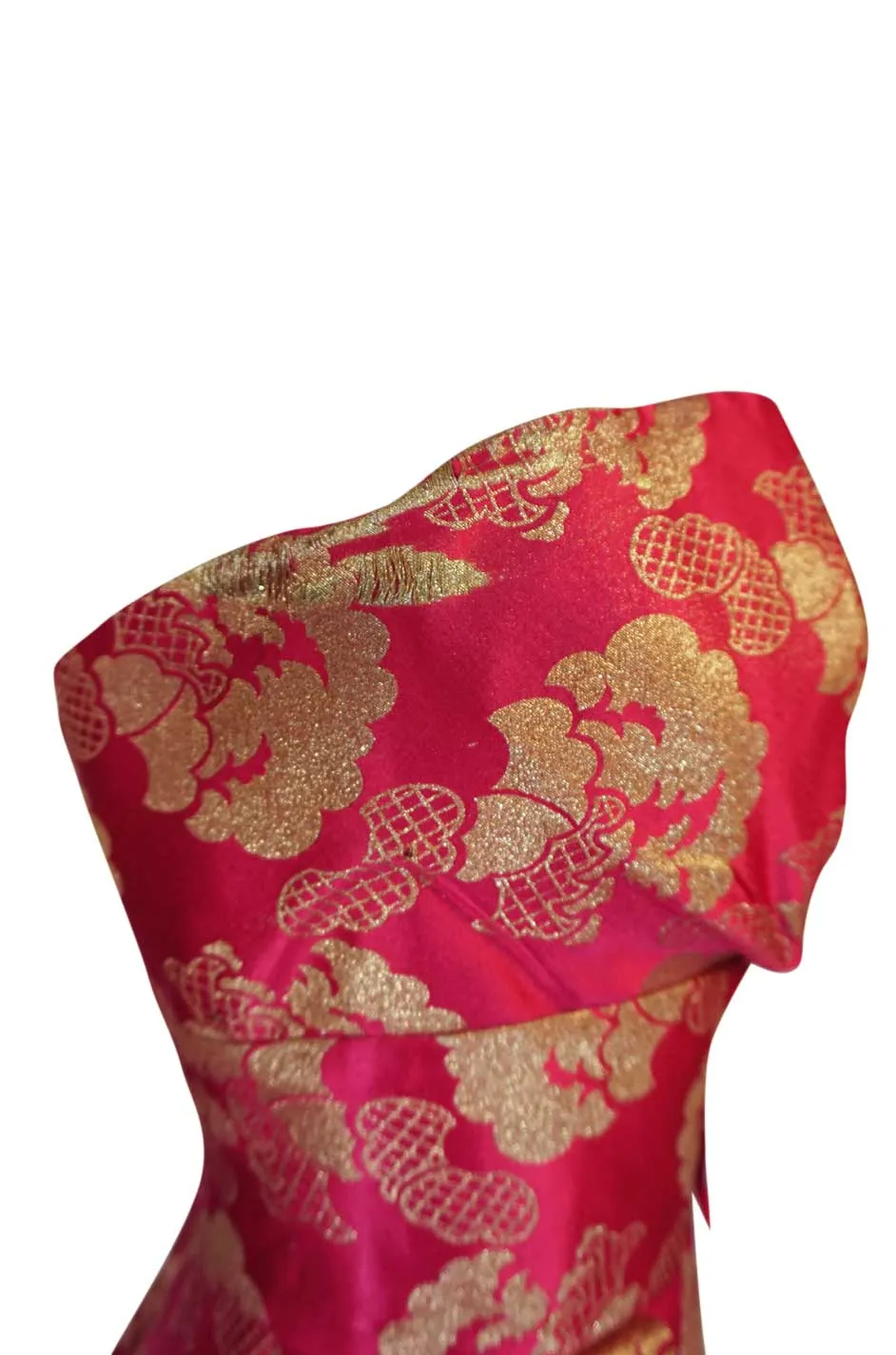 Beautiful 1950s Helena Barbieri Strapless Pink & Gold Silk Brocade Dress