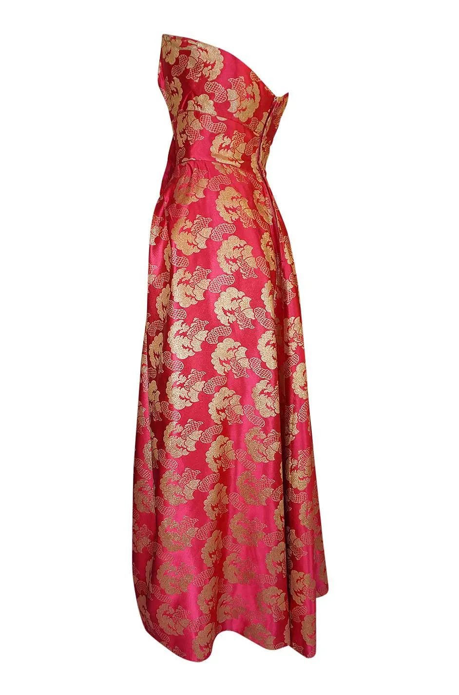Beautiful 1950s Helena Barbieri Strapless Pink & Gold Silk Brocade Dress