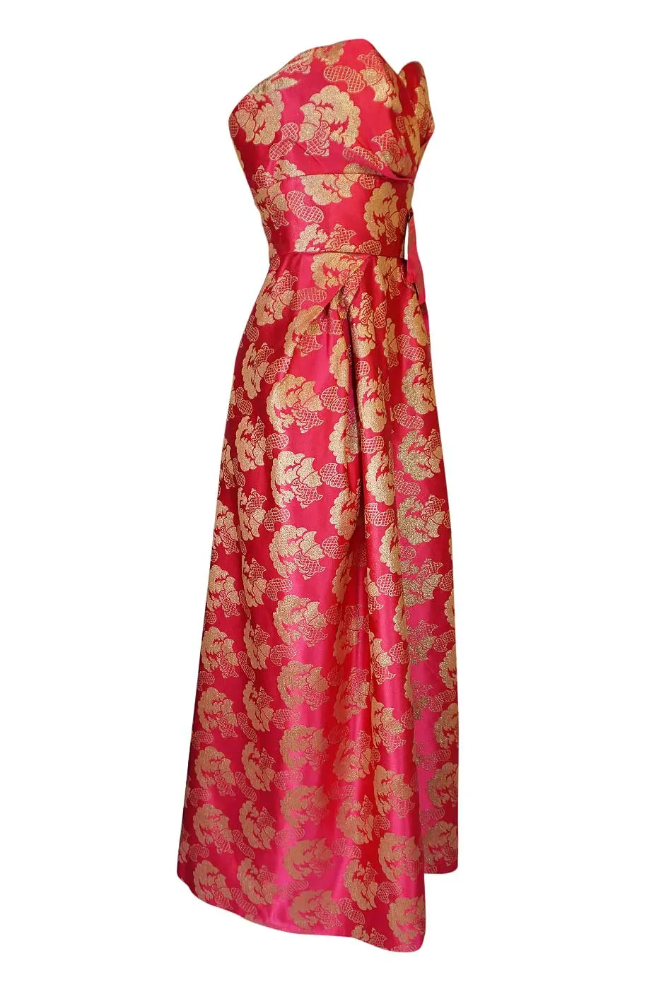 Beautiful 1950s Helena Barbieri Strapless Pink & Gold Silk Brocade Dress