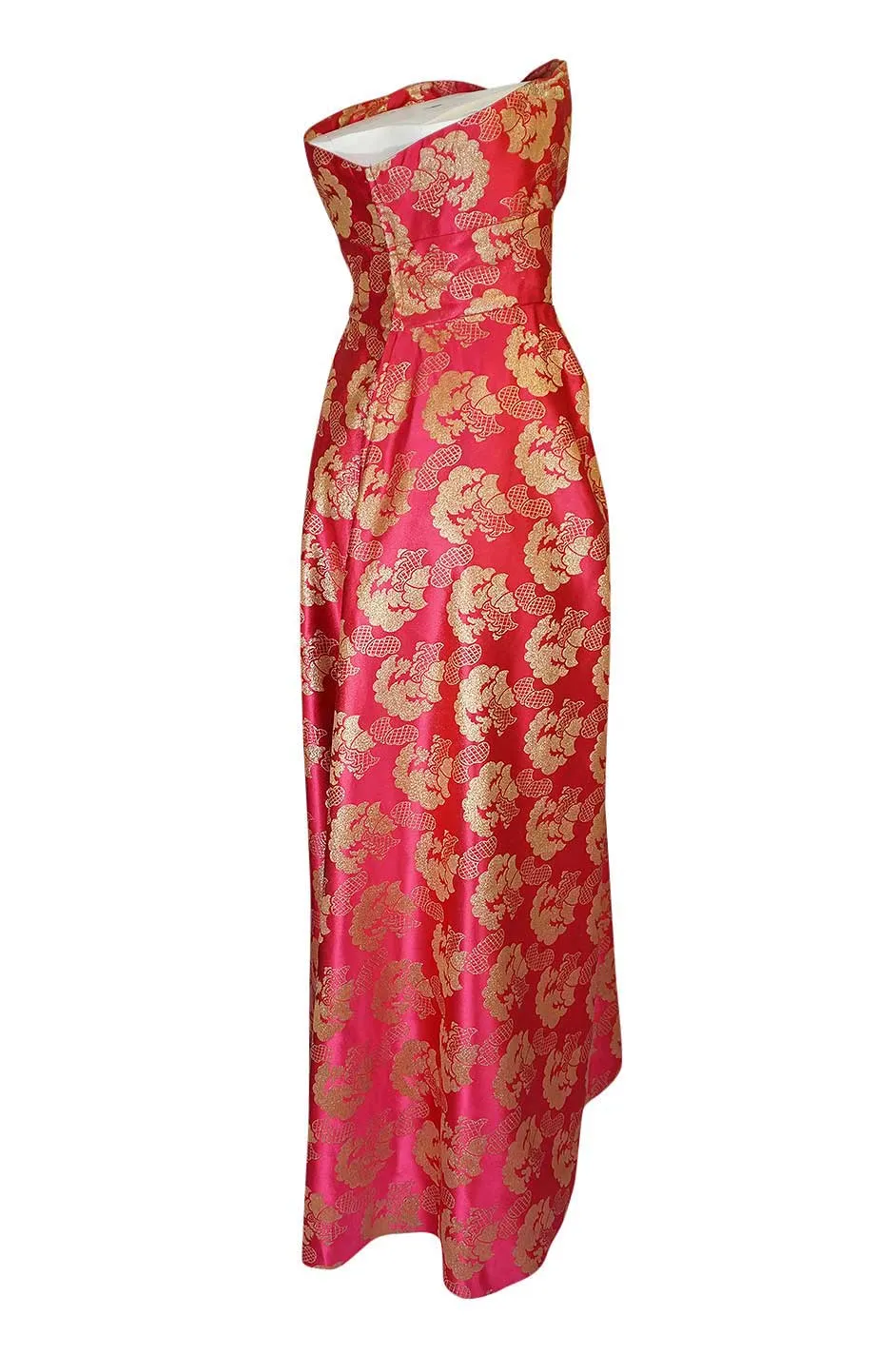 Beautiful 1950s Helena Barbieri Strapless Pink & Gold Silk Brocade Dress