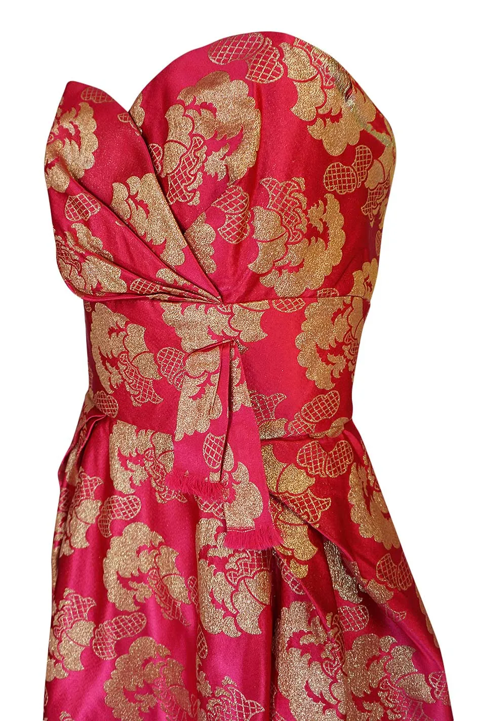 Beautiful 1950s Helena Barbieri Strapless Pink & Gold Silk Brocade Dress