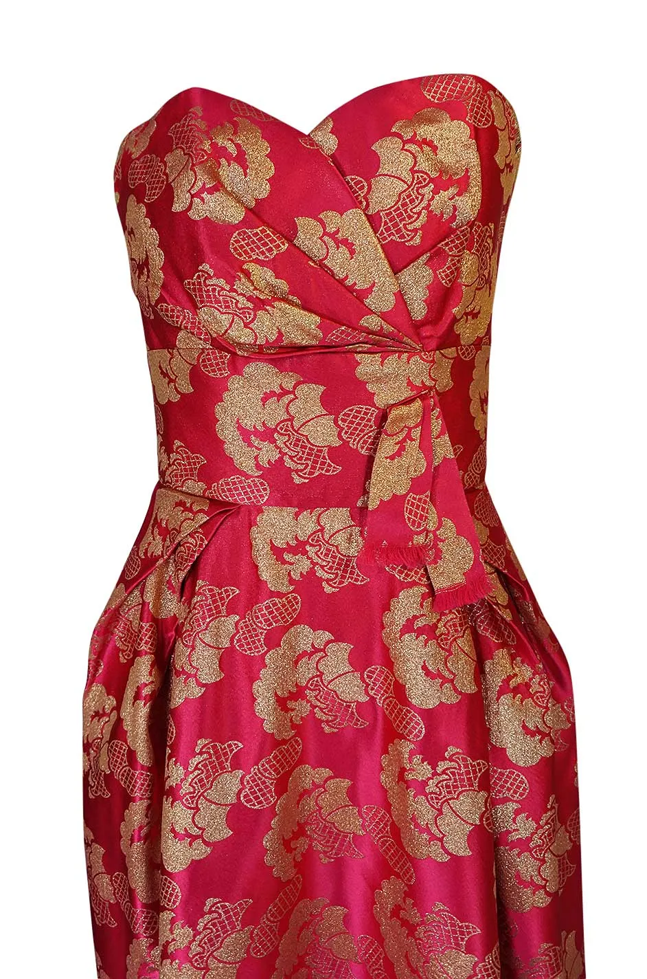Beautiful 1950s Helena Barbieri Strapless Pink & Gold Silk Brocade Dress