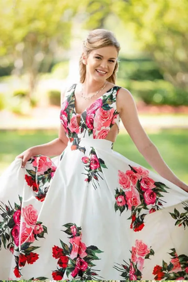 Beautiful A-line Floral Straps Sleeveless Long Prom Dresses, Evening Gown, MP654