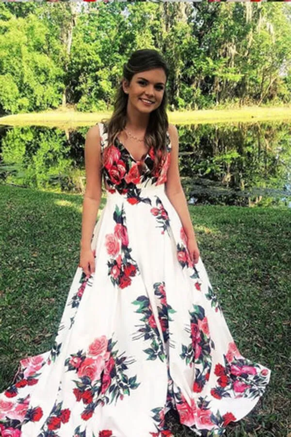 Beautiful A-line Floral Straps Sleeveless Long Prom Dresses, Evening Gown, MP654