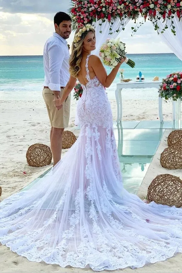 Beautiful Mermaid Tulle Spaghetti Straps Lace Appliques Wedding Dress, MW908