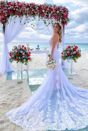 Beautiful Mermaid Tulle Spaghetti Straps Lace Appliques Wedding Dress, MW908