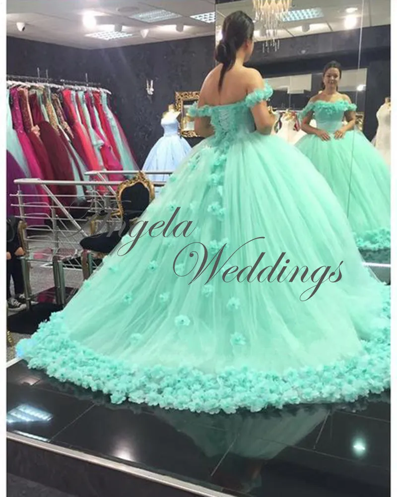 Beautiful Mint Tulle Ball Gown Quinceanera Dresses with Flowers Real
