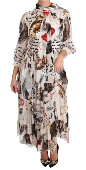 Bengal Cat White Silk Shift A-Line Dress