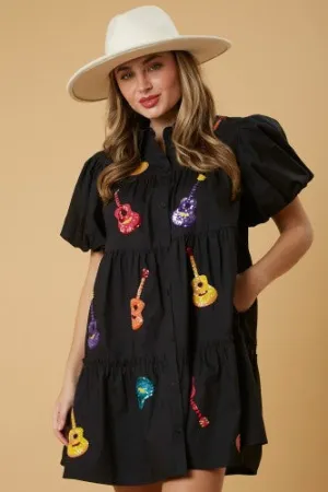 Black Cotton Sequin Guitar Button Puff Sleeve Dress