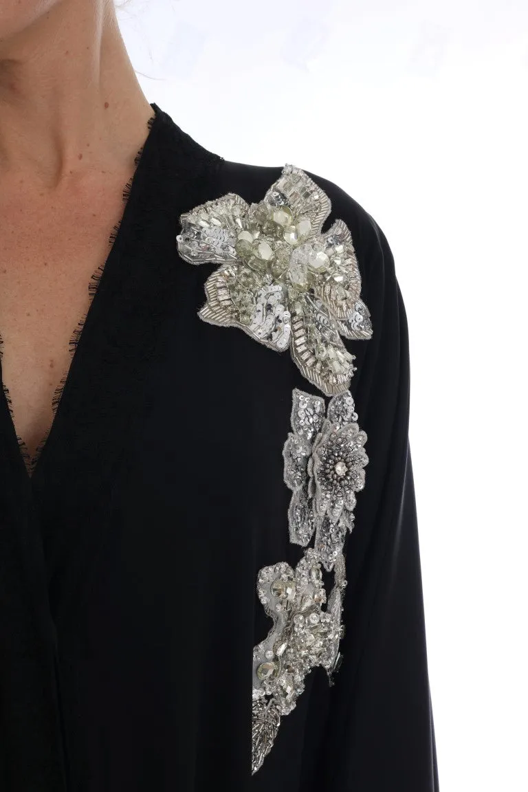 Black Floral Lace Silk Crystal Dress