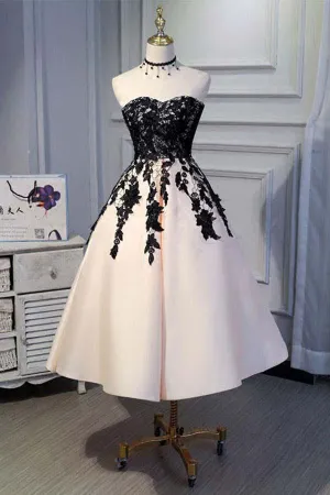 Black Lace A-line Satin Sweetheart Homecoming Dresses, Short Prom Dress, MH553
