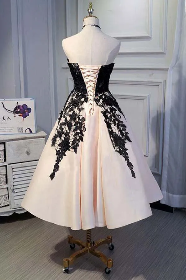 Black Lace A-line Satin Sweetheart Homecoming Dresses, Short Prom Dress, MH553