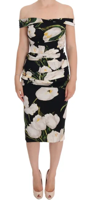 Black Silk Stretch White Tulip Sheath Dress