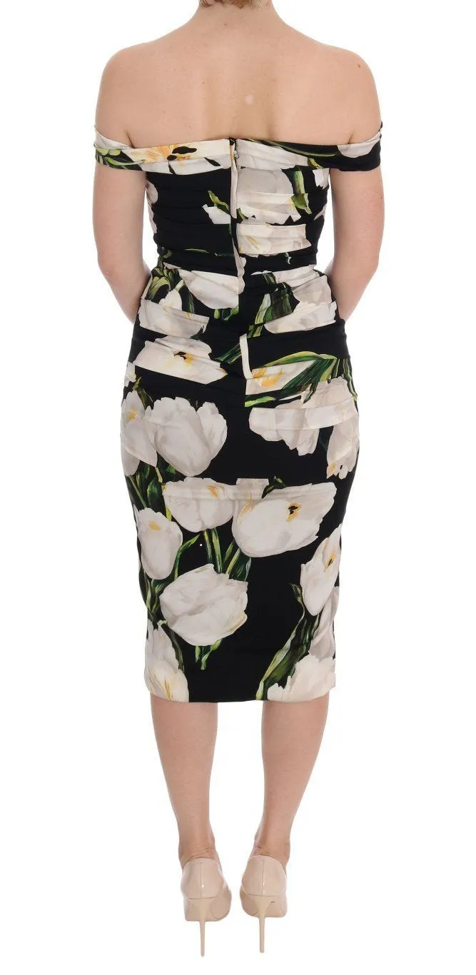 Black Silk Stretch White Tulip Sheath Dress