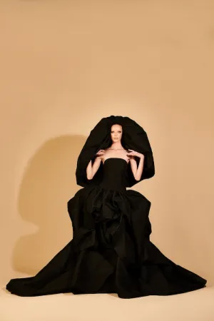 Black Strapless Brocade Bubble Gown with Bubble Hood
