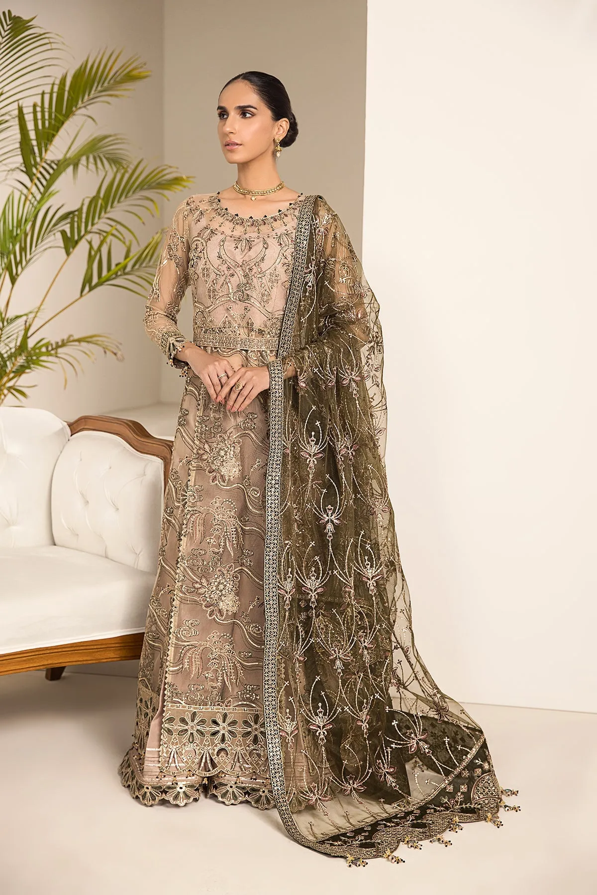 Blackish Embroidered Dusty Skin Pakistani Salwar Kameez with Dupatta