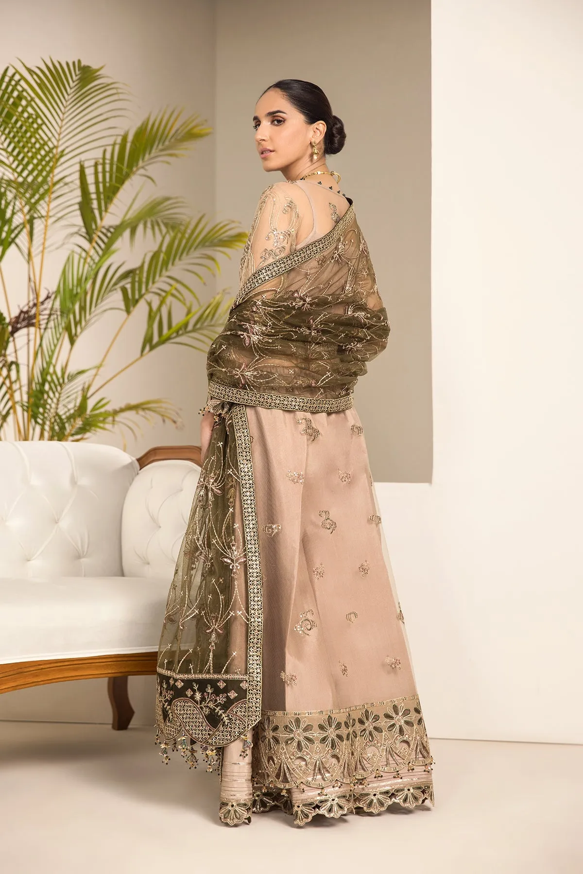 Blackish Embroidered Dusty Skin Pakistani Salwar Kameez with Dupatta