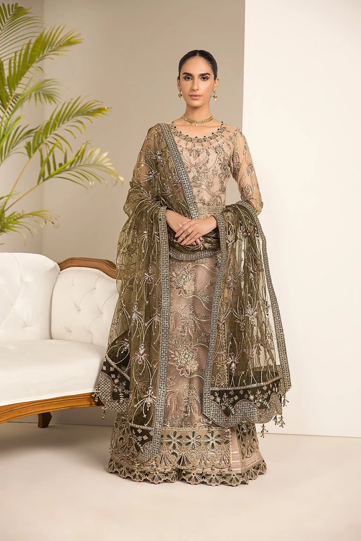 Blackish Embroidered Dusty Skin Pakistani Salwar Kameez with Dupatta