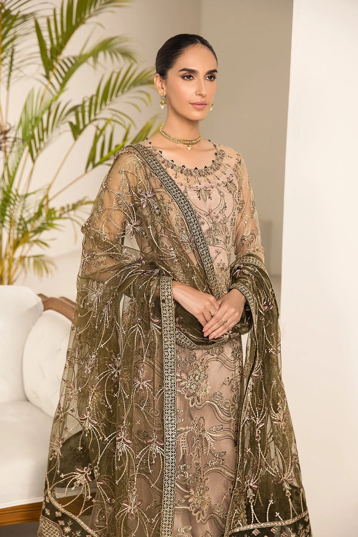 Blackish Embroidered Dusty Skin Pakistani Salwar Kameez with Dupatta